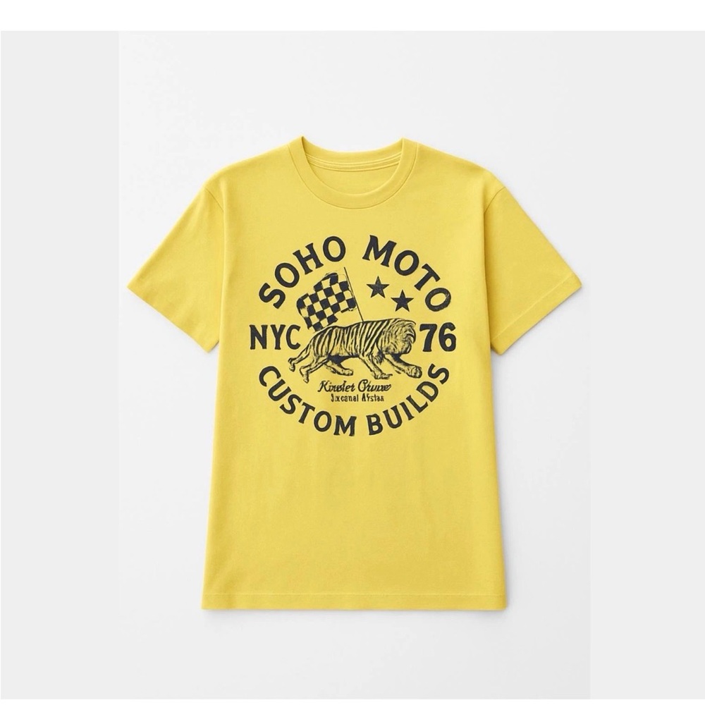 KID DANGEROUS Soho Moto NYC Custom Builds 1976 Tiger Graphic T-Shirt Yellow Bike